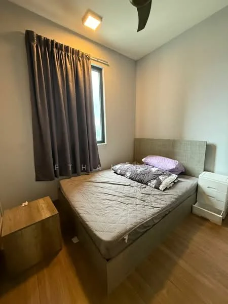 Bedroom features: queen-size bed, upholstered headboard, bedding with decorative pillows, wooden bedside table, curtains in dark grey, single window, light fixture on ceiling, laminate flooring, neutral wall color; style: modern.