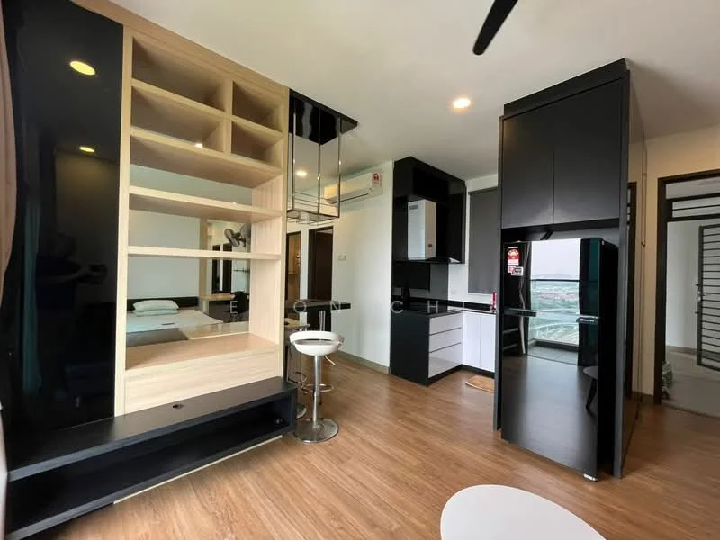 Living features: wooden flooring, black cabinetry, open shelving unit, white kitchen cabinets, stainless-steel fridge, built-in oven, bar stools, recessed lighting, floor-to-ceiling windows, city view, air conditioning unit; style: modern; view: city.