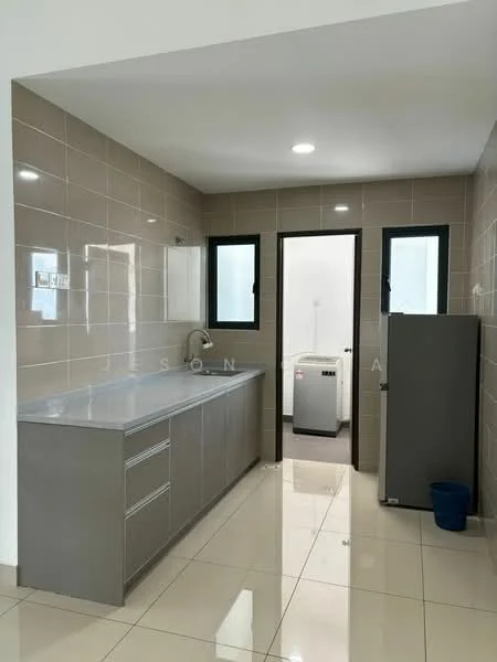Kitchen features: grey cabinetry with flat-panel doors, white countertop, single-bowl stainless-steel sink, chrome pull-down faucet, built-in washing machine, tile backsplash, cream tiled walls, glossy ceramic tile flooring, recessed LED downlights, two black-framed windows; style: modern. Laundry features: built-in washing machine, cream tiled walls, glossy ceramic tile flooring; style: modern.