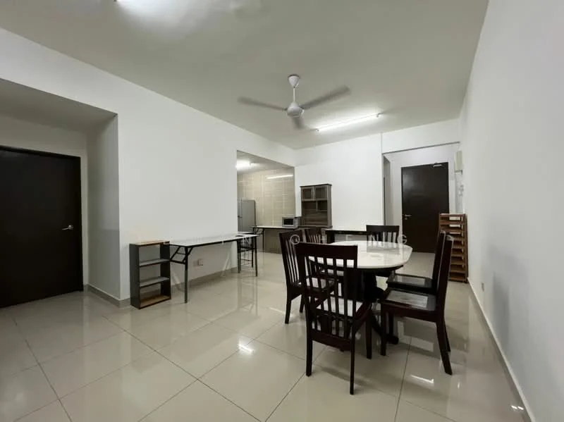 Dining features: round dining table, 4 wooden dining chairs, white walls, polished ceramic tile flooring, ceiling fan, recessed lighting, open layout to kitchen, wall-mounted cabinet in background; style: modern. Kitchen features: white cabinetry, grey tiled backsplash, built-in kitchen counter, stainless-steel fridge visible in background, kitchen appliances visible in background; style: modern.