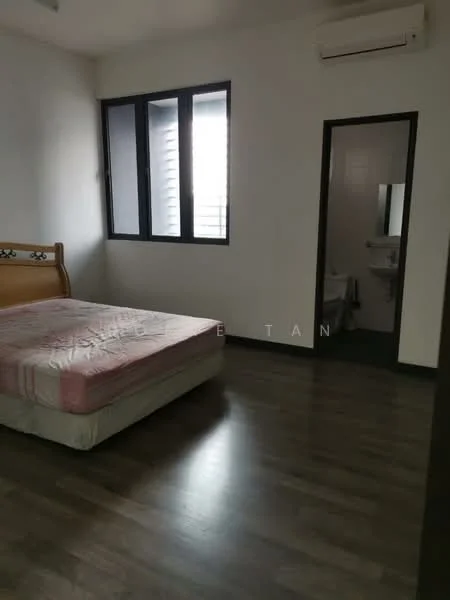 Bedroom features: queen-size bed, wooden bed frame, laminate flooring, white painted walls, floor-to-ceiling windows, air conditioning unit, built-in wardrobe, window with horizontal blinds; style: modern. Bathroom features: toilet, sink, mirror, tile flooring, white walls.