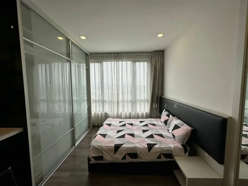 Bedroom features: queen-size bed with patterned bedding, upholstered headboard, floor-to-ceiling windows with sheer curtains, wooden flooring, built-in wardrobe with sliding glass doors, decorative wall with mirror, nightstand, wall-mounted lighting; style: modern; view: city.