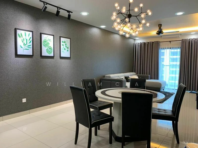 Dining features: round dining table, 4 black upholstered dining chairs, grey accent wall, white ceiling, recessed downlights, chandelier with multiple bulbs, framed botanical artwork, polished tile flooring; style: modern. Living features: L-shape sectional sofa in grey, floor-to-ceiling windows with sheer curtains, light grey area rug, decorative wall clock, wall-mounted TV, black coffee table, curtains in dark grey; style: modern.