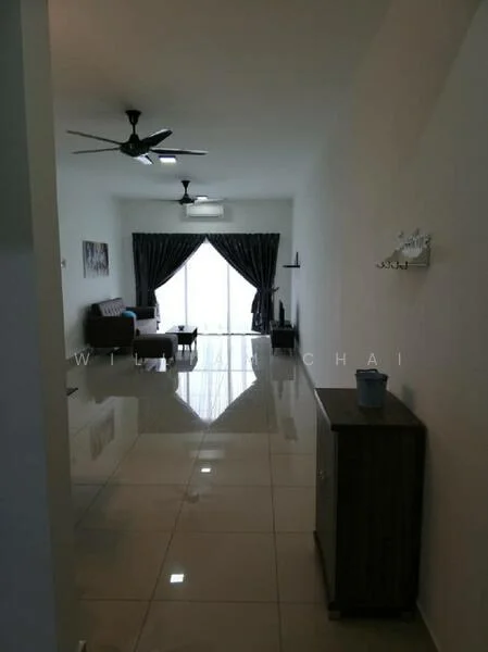 Living features: glossy tile flooring, white painted walls, 5-blade ceiling fan, floor-to-ceiling windows, sliding glass door, grey curtains, sofa in brown, coffee table, TV console, decorative wall shelf; style: modern; view: garden.