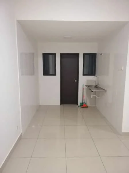 Room features: white painted walls, glossy ceramic tile flooring, single door, two small windows, wall-mounted sink, cleaning tools visible, neutral color scheme, minimalist design; style: modern.