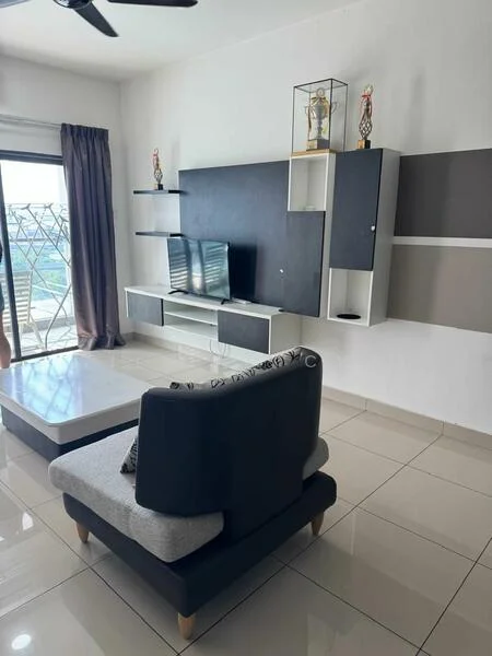 Living features: grey and white accent wall, wall-mounted TV, floating shelves, coffee table with white top, black and grey sofa, floor-to-ceiling window, curtains in dark grey, glossy tile flooring, decorative trophies on display; style: modern; view: city.