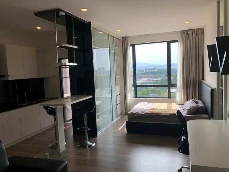 Living features: floor-to-ceiling windows, light brown laminate flooring, grey upholstered bed, black accent wall, white cabinetry, black bar stools, white dining table, desk with chair, sheer curtains, recessed downlights; style: modern; view: city.