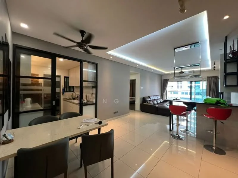 Living features: open-plan layout, large floor-to-ceiling windows, grey painted walls, white ceiling with recessed lighting, 5-blade ceiling fan, polished ceramic tile flooring, L-shape sectional sofa in brown, bar counter with high stools, kitchen island with seating, dining table with four chairs, decorative plants, curtains, kitchen area visible, breakfast bar; style: modern; view: city. Kitchen features: white cabinetry, stainless-steel appliances, granite countertop, built-in oven, stainless-steel range hood, double-bowl stainless-steel sink, chrome pull-down faucet, microwave, ceramic tile backsplash; style: modern.