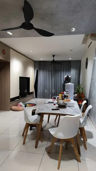Dining features: dining table with white surface, 4 white plastic dining chairs, pendant light, ceiling fan with 3 blades, wall-mounted TV, grey accent wall, sliding glass door, curtains, tile flooring, decorative plants, pet bed, refrigerator; style: modern.