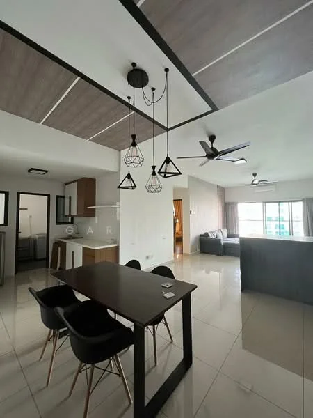 Dining features: black dining table, 4 black dining chairs, pendant lighting with geometric design, white walls, polished floor tiles, ceiling fan, wooden ceiling panels, open layout to living area; style: modern. Living features: sofa in living area, large window with natural light, light-colored curtains, TV console, wall-mounted TV, area rug, decorative wall art; style: modern. Kitchen features: kitchen island, stainless-steel appliances, wood cabinetry, open layout to dining area; style: modern.
