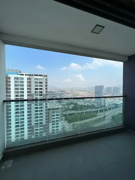 Balcony features: glass railing, concrete flooring, city skyline view, overhead lighting, sliding glass door access, open space, modern design; style: modern; view: city.