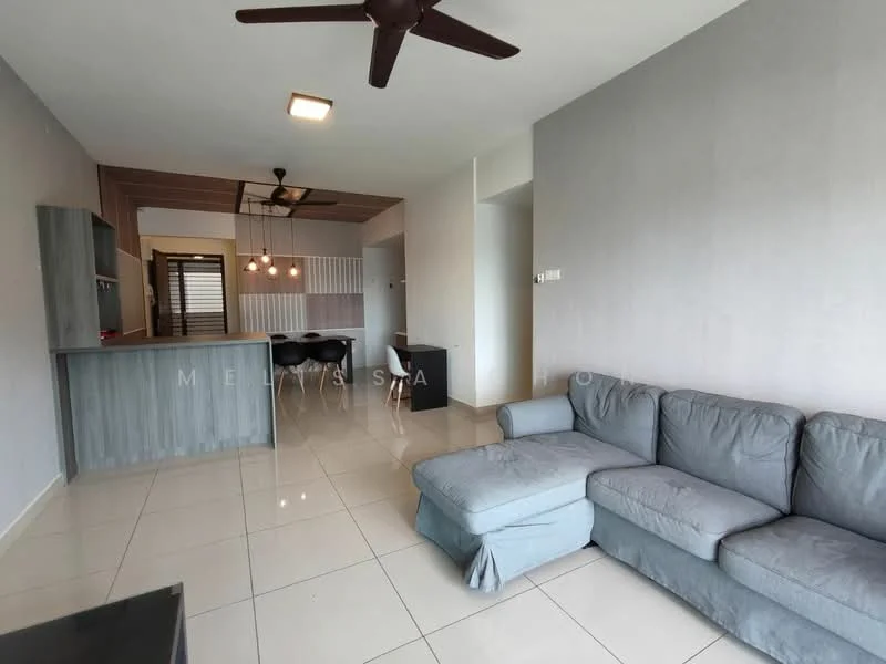 Living features: grey fabric sectional sofa, white tiled flooring, ceiling fan with light, wall-mounted TV, open-plan layout, recessed lighting, decorative wall paneling, bar counter with stools; style: modern.