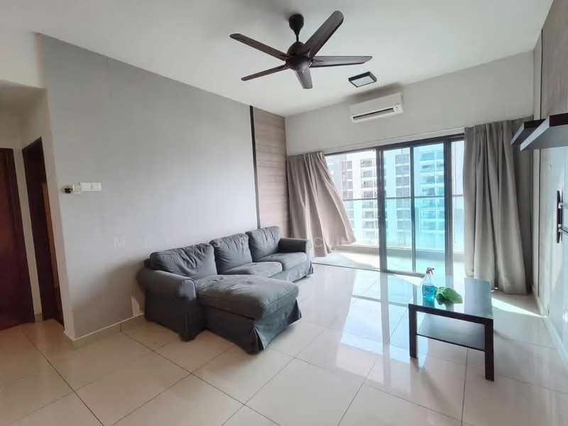 Living features: 3-seater fabric sofa in grey, coffee table, wall-mounted TV, floor-to-ceiling windows, sliding glass door, curtains, ceiling fan, tile flooring, air conditioning unit, decorative plant; style: modern; view: city.