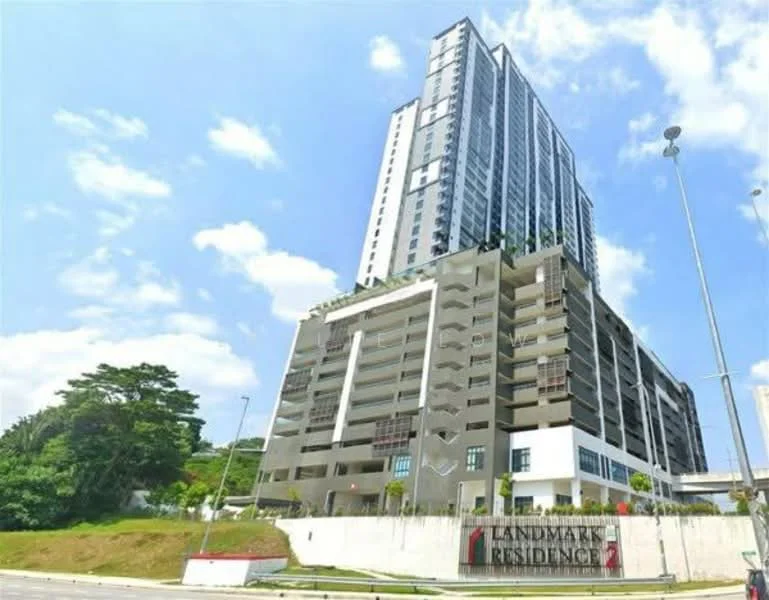 Exterior type: high-rise condominium; features: glass curtain wall, white painted facade, recessed balconies, multi-storey car park, landscaped entrance, signage for Landmark Residence, surrounded by greenery, modern architectural design; style: modern.