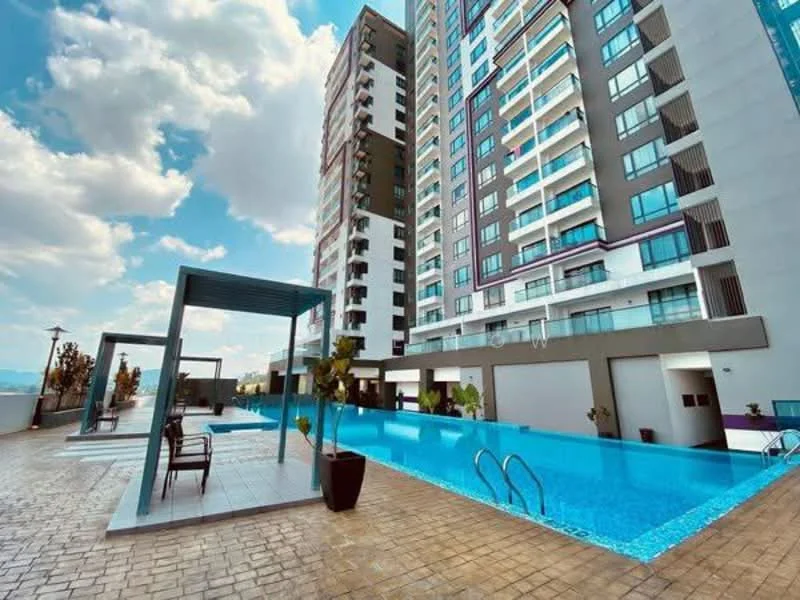 Exterior type: high-rise condominium; features: infinity pool, pool deck with loungers, landscaped garden area, modern architectural design, glass curtain wall facade, balconies on upper floors, outdoor seating area with pergola, tiled poolside flooring; style: modern.