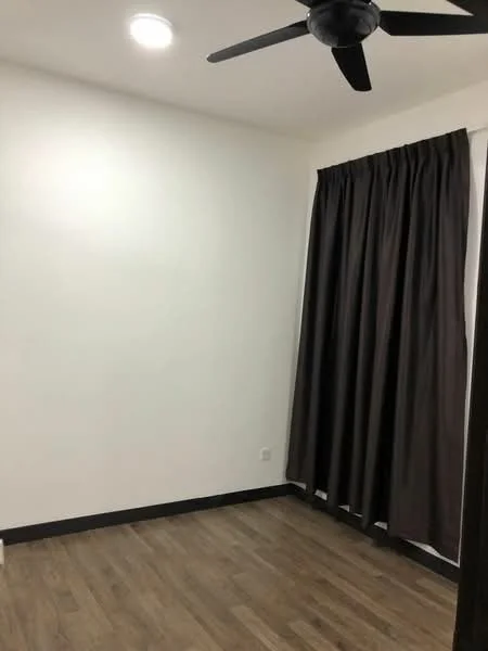 Room features: white painted walls, wooden flooring, 5-blade ceiling fan, dark brown curtains, black window trim, recessed ceiling lights; style: modern.