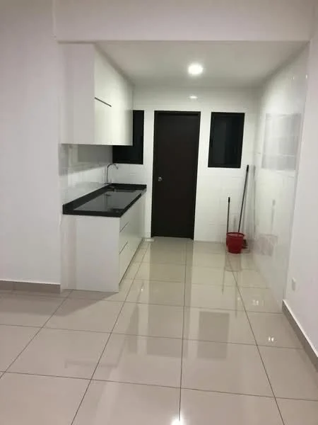 Kitchen features: black granite countertop, white cabinetry, single-bowl stainless-steel sink, chrome pull-down faucet, white tiled backsplash, ceramic tile flooring, recessed downlights, two small windows, door to hallway, cleaning supplies visible; style: modern.