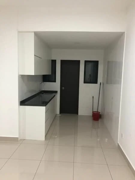 Kitchen features: white cabinetry, black countertop, single-bowl stainless-steel sink, chrome pull-down faucet, ceramic tile flooring, white tiled backsplash, built-in cabinets, wall-mounted window, door leading to another room; style: modern.