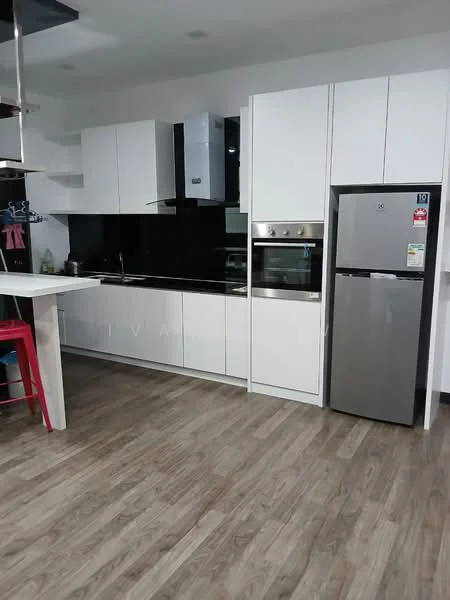Kitchen features: white cabinetry, black countertop, stainless-steel fridge, built-in oven, ceramic cooktop, stainless-steel range hood, single-bowl stainless-steel sink, chrome pull-down faucet, wood laminate flooring, open shelving, bar stools, black backsplash, recessed lighting; style: modern.