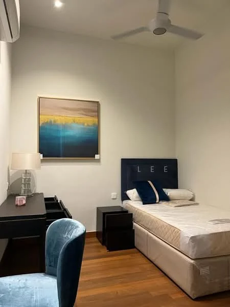 Bedroom features: single bed with beige mattress, upholstered headboard in navy blue, wooden flooring, wall-mounted air conditioning unit, ceiling fan, desk with black finish, black bedside table, table lamp with white shade, framed artwork with abstract design, blue upholstered chair; style: modern.
