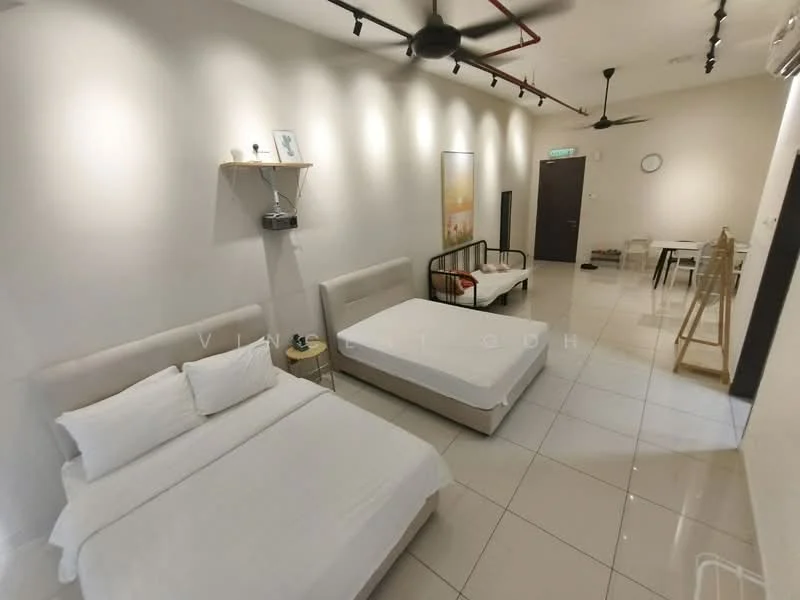 Bedroom features: queen-size bed with white bedding, single bed with no bedding, white tiled flooring, wall-mounted shelf, black metal bed frame, ceiling fan with light, wall-mounted air conditioning unit, decorative artwork on wall, light-colored walls, window with sheer curtains, study desk with chair, dining table with chairs; style: modern.