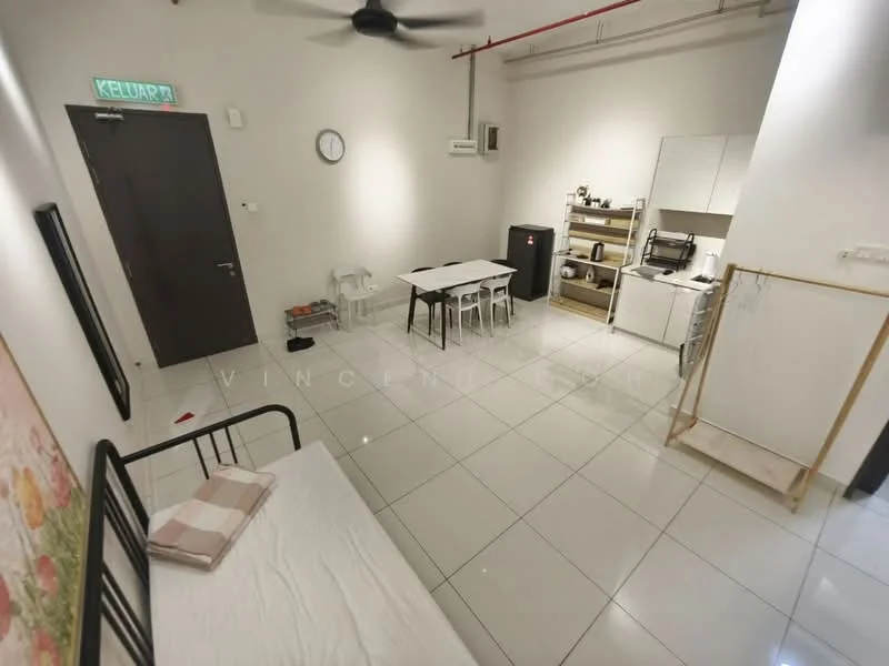 Living features: white painted walls, glossy tile flooring, 5-blade ceiling fan, dining table with 4 chairs, single bed with white bedding, open shelving unit, microwave, kettle, stainless-steel sink, refrigerator, wall-mounted air conditioning unit; style: modern.