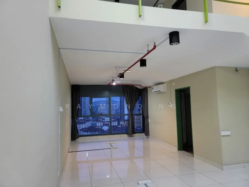 Living features: white painted walls, glossy white tile flooring, recessed downlights, track lighting, floor-to-ceiling windows, curtains, wall-mounted split AC, green accent wall, open layout; style: modern; view: city.