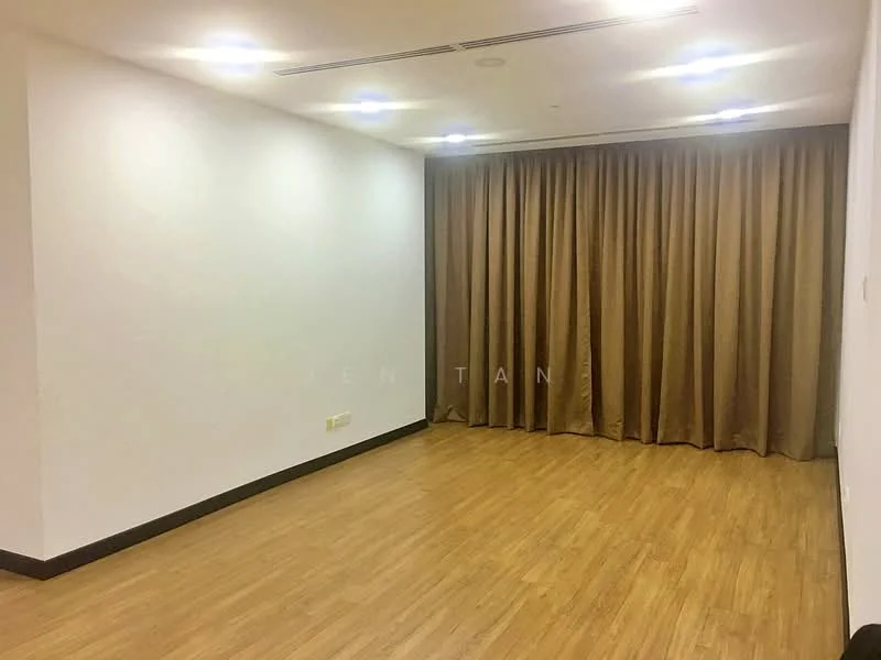 Room features: white painted walls, wooden flooring, recessed downlights, brown curtains, no visible furniture; style: modern.