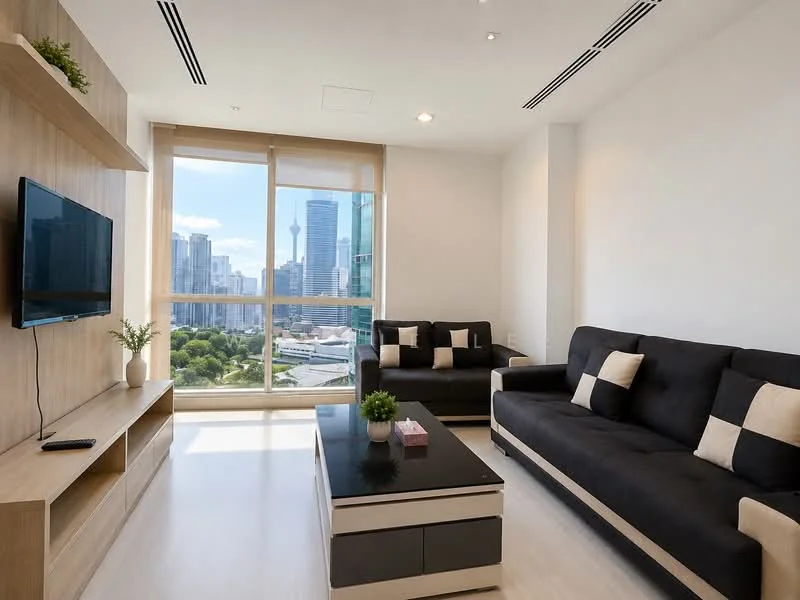 Living features: 2-seater fabric sofa in black with cream cushions, 3-seater fabric sofa in black with cream cushions, coffee table with black and white design, wall-mounted TV, light wood entertainment unit, floor-to-ceiling windows, city skyline view, recessed downlights, light-colored wooden flooring, decorative plant on coffee table; style: modern; view: city.