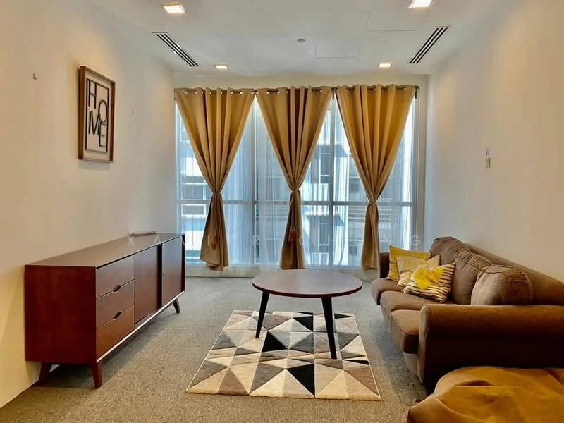 Living features: beige fabric sofa, round coffee table, area rug with geometric pattern, wooden sideboard, floor-to-ceiling windows, sheer curtains, decorative wall art, carpeted flooring; style: modern; view: city.