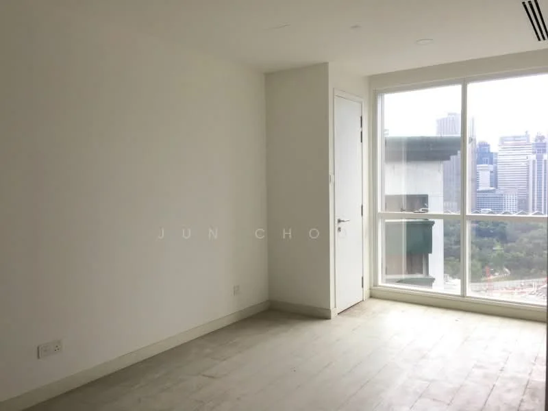 Room features: white painted walls, large floor-to-ceiling windows, light wood flooring, one door, city skyline view; style: modern; view: city.