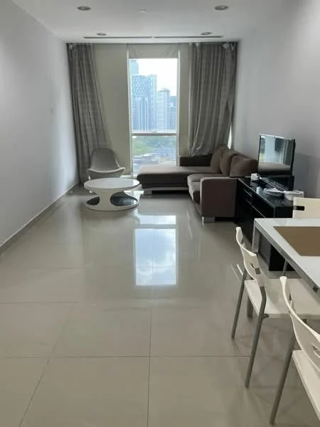 Living features: grey fabric sofa, white coffee table, black TV console, wall-mounted TV, floor-to-ceiling windows, sheer curtains, polished ceramic tile flooring, recessed downlights, decorative wall, dining table with white chairs; style: modern; view: city.