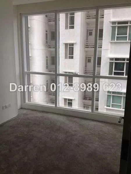 Room features: large floor-to-ceiling windows, concrete flooring, white painted walls, view of adjacent building.