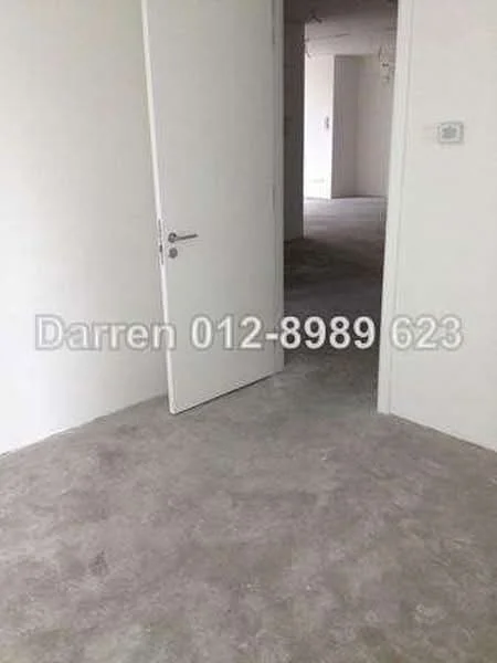 Room features: grey concrete flooring, white painted walls, plain ceiling, single door, door handle, light switch; style: minimalist.