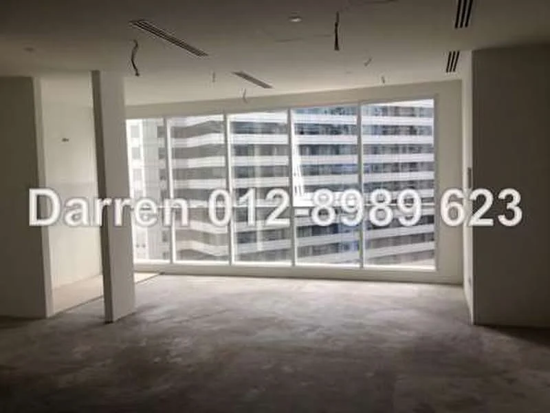 Room features: floor-to-ceiling windows, concrete flooring, unfinished walls, ceiling with recessed lighting, open layout, natural light, views of city skyline; style: modern; view: city.