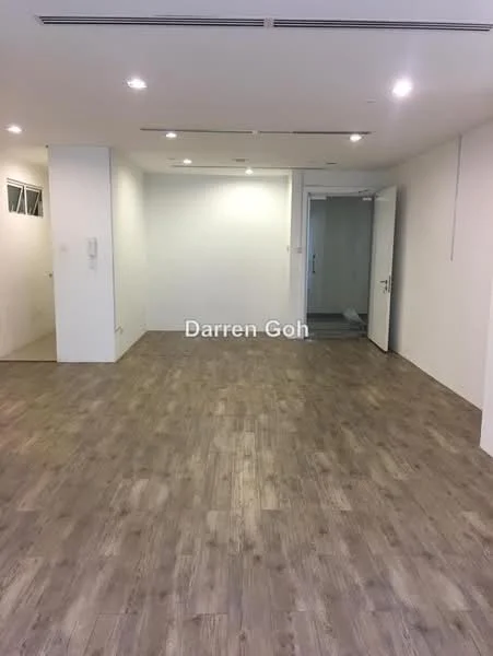 Room features: laminate flooring, white painted walls, recessed downlights, glass door, open layout, multiple wall-mounted electrical outlets, air conditioning vent, large windows, neutral color scheme; style: modern.