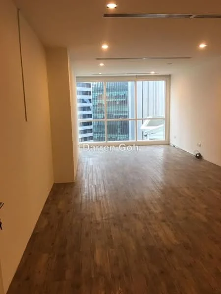 Room features: light wood laminate flooring, white painted walls, recessed downlights, floor-to-ceiling windows, city view, open layout, no visible furniture, neutral color scheme; style: modern; view: city.