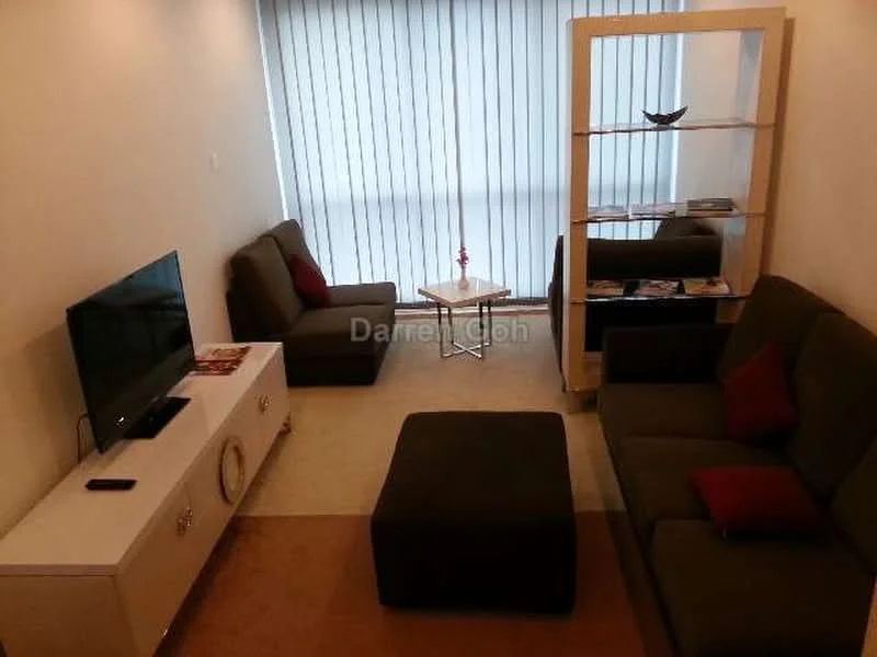 Living features: 2-seater fabric sofa in grey, 3-seater fabric sofa in grey, coffee table with glass top, TV console in white, wall-mounted TV, area rug in beige, red accent cushions, open shelving unit, vertical blinds on windows; style: modern.