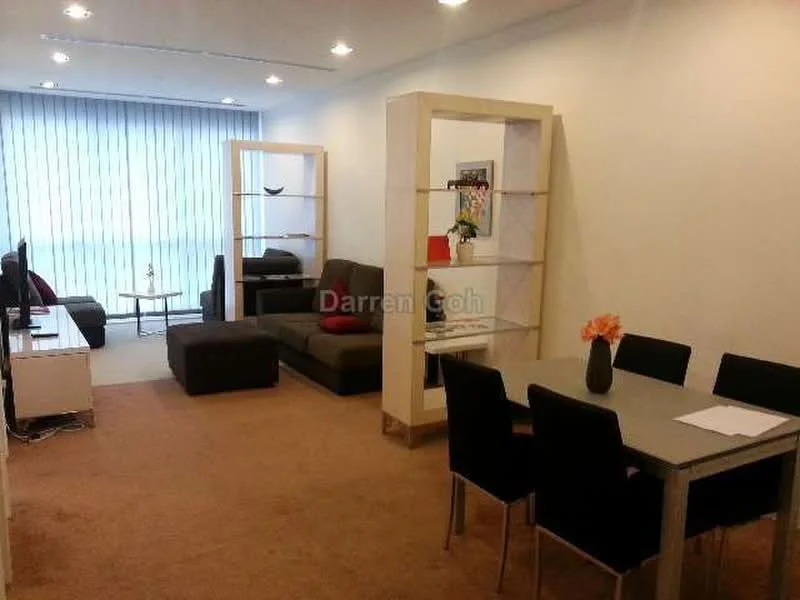 Living features: L-shape sectional sofa in dark grey, coffee table, TV console, wall-mounted TV, area rug, floor-to-ceiling windows with sheer curtains, decorative shelving unit, decorative vase with flowers, light-colored walls, carpet flooring; style: modern; view: city. Dining features: 4-seater dining table, black dining chairs, decorative centerpiece on table, light-colored walls, carpet flooring; style: modern.