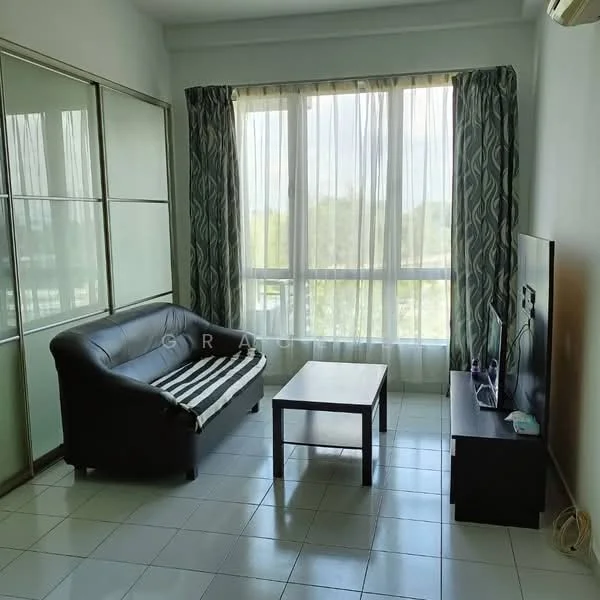 Living features: black leather sofa, striped fabric throw pillows, wood coffee table, TV console, wall-mounted TV, floor-to-ceiling windows, sheer curtains, ceramic tile flooring, air conditioning unit, decorative wall paneling; style: modern; view: garden.