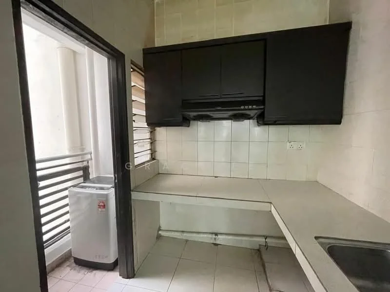Kitchen features: black upper cabinets, grey countertop, white tiled backsplash, stainless-steel sink, built-in stove with hood, white walls, floor tiles, window with slatted blinds, refrigerator; style: modern.