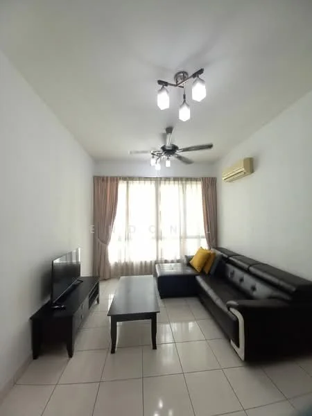 Living features: black leather sofa, yellow decorative cushion, coffee table, wall-mounted TV, white painted walls, glossy tile flooring, 5-blade ceiling fan with light, curtains, air conditioning unit, recessed ceiling lights; style: modern.