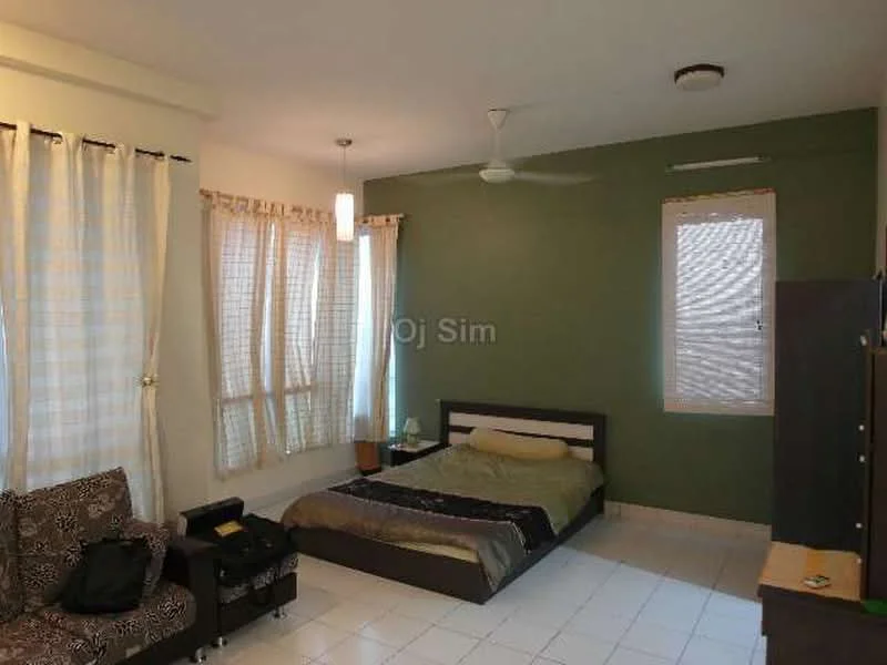 Bedroom features: queen-size bed with beige bedding, wooden bed frame, 2 bedside tables, sofa in patterned fabric, ceiling fan, recessed ceiling light, floor-to-ceiling windows with sheer curtains, green accent wall, white tiled flooring, built-in wardrobe, decorative wall art; style: modern.