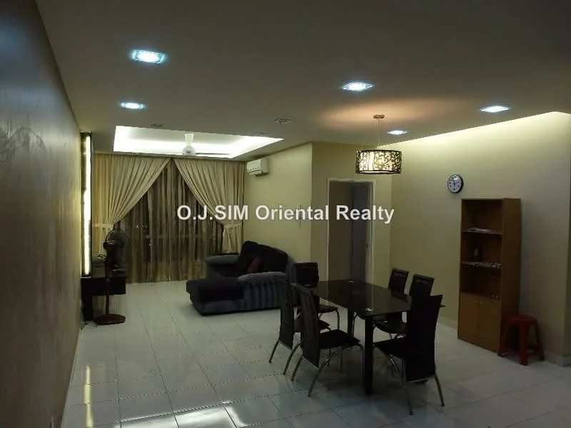 Living features: grey fabric L-shape sectional sofa, black glass coffee table, 4-seater dining table with metal chairs, white painted walls, recessed ceiling lights, ceiling fan, curtains, tile flooring, wooden shelving unit, decorative wall clock; style: modern.