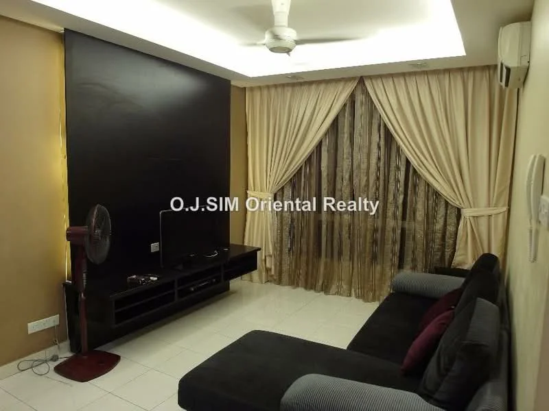 Living features: 3-seater fabric sofa in dark grey, coffee table, wall-mounted TV, TV console, floor-to-ceiling curtains in beige, ceiling fan, white tiled flooring, accent wall in black, decorative cushions in burgundy, air conditioning unit; style: modern.