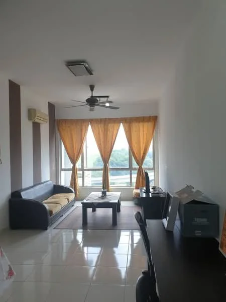Living features: 3-seater black leather sofa, 2-seater beige fabric sofa, coffee table, TV console, wall-mounted TV, area rug, floor-to-ceiling windows, orange sheer curtains, ceiling fan with light, wall-mounted air conditioning unit, white painted walls, glossy tile flooring; style: modern; view: city.
