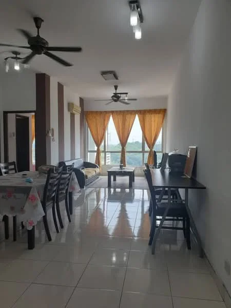 Living features: white painted walls, glossy tile flooring, 2 ceiling fans, large windows with sheer curtains, orange sheer curtains, dining table with floral tablecloth, black dining chairs, black study desk, bed with bedding, open space layout; style: modern; view: city.