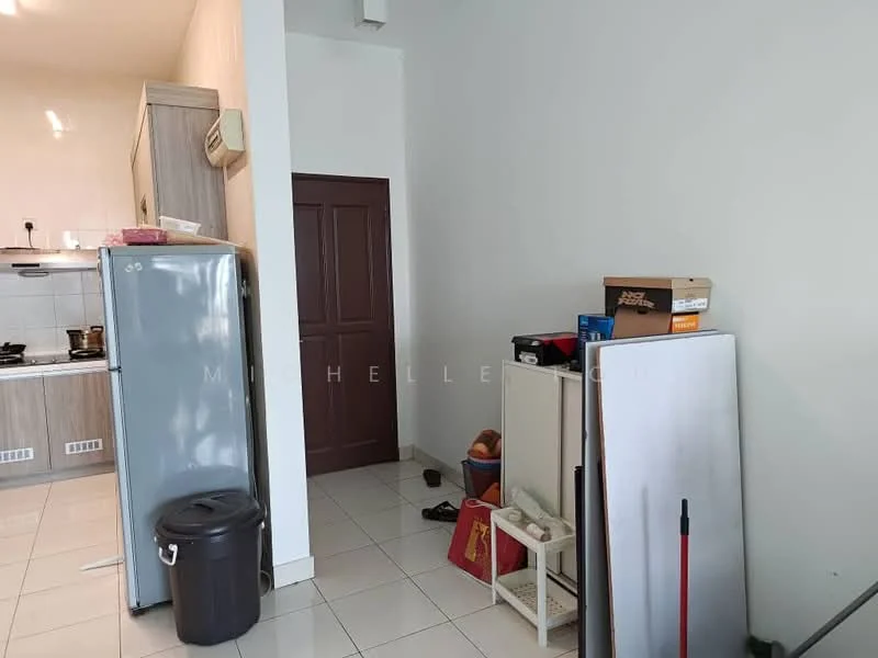 Room features: white painted walls, glossy tile flooring, kitchen area with cabinets, stainless-steel fridge, built-in kitchen stove, countertop, storage shelves, waste bin, various boxes, cleaning supplies; style: modern.