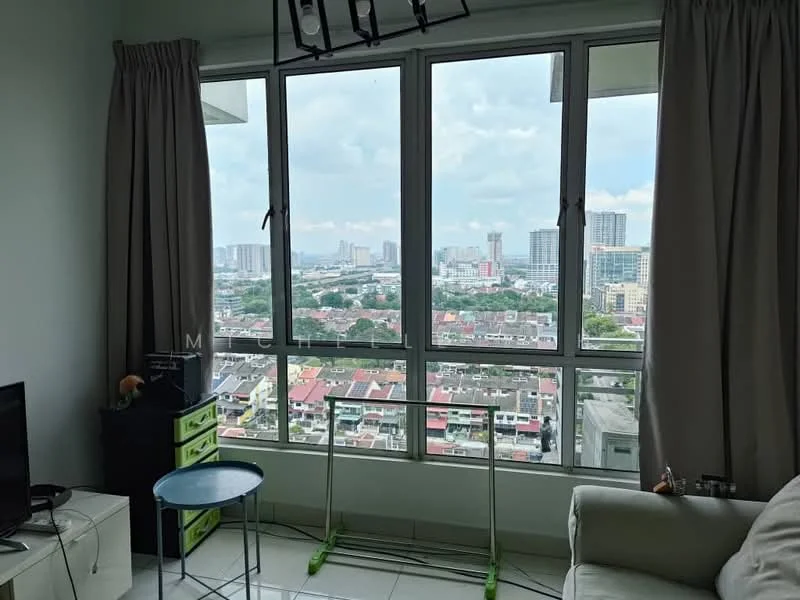 Living features: floor-to-ceiling windows, white painted walls, light-colored tile flooring, curtains, sofa, TV console, small round table, clothes drying rack; style: modern; view: city.