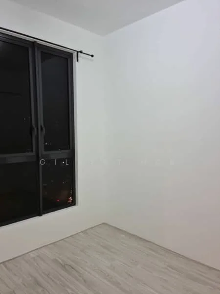 Room features: white painted walls, floor-to-ceiling windows, black window frames, light-colored laminate flooring, curtain rod, city view visible through window; style: modern; view: city.